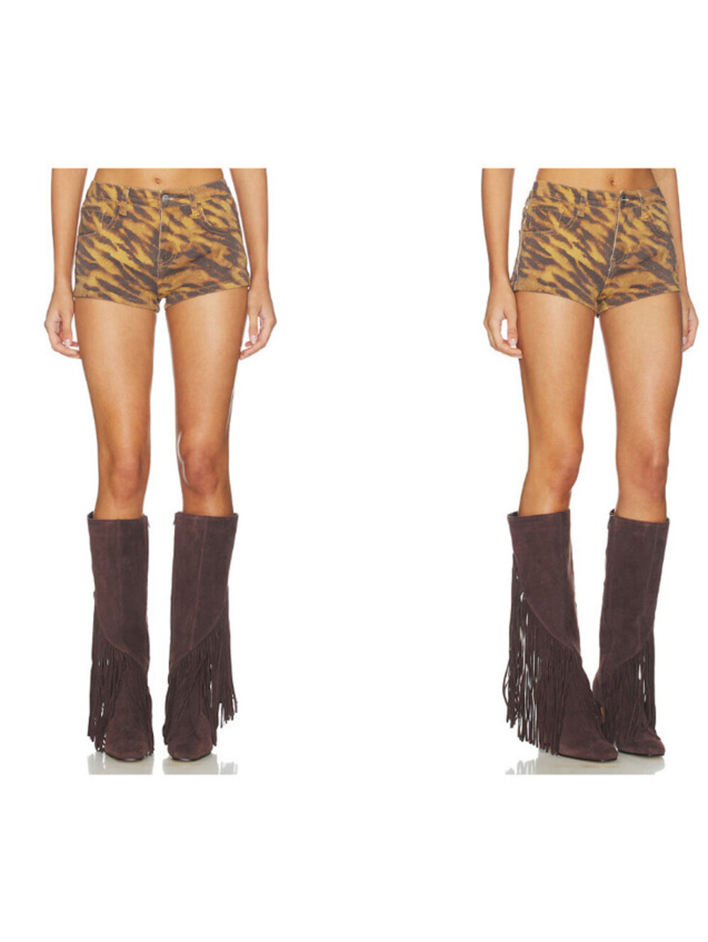 superdown Tiger-Print Brown & Mustard High-Rise Denim Shorts